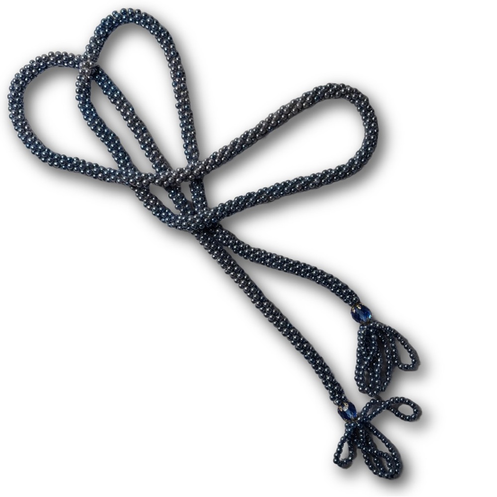 Estate Navy Blue Seed Bead Lariat Necklace with Looped Tassels
